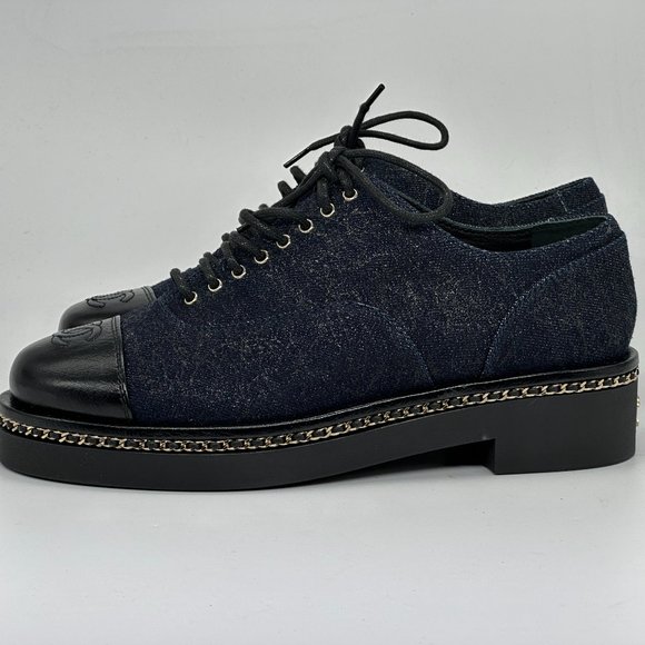 CHANEL 20K Denim Leather Chain Cap Toe Lace Up Oxford Heels Loafers Shoes - Picture 12 of 16